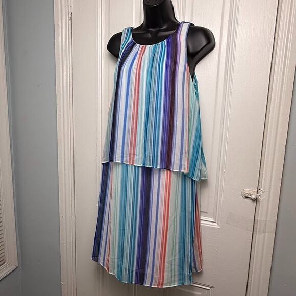 Colorful Striped Mini Dress Women 12 Flowy Sleeveless Summer Vacation Bright - Picture 1 of 10